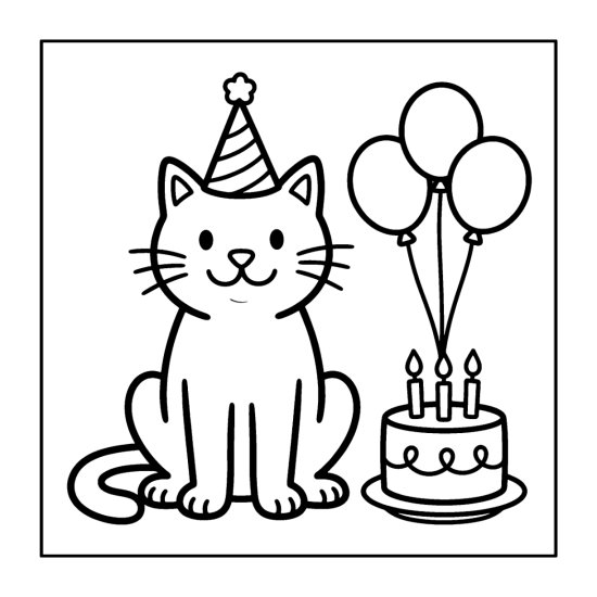Cat in a party hat beside a birthday cake with bold outlines coloring sheet