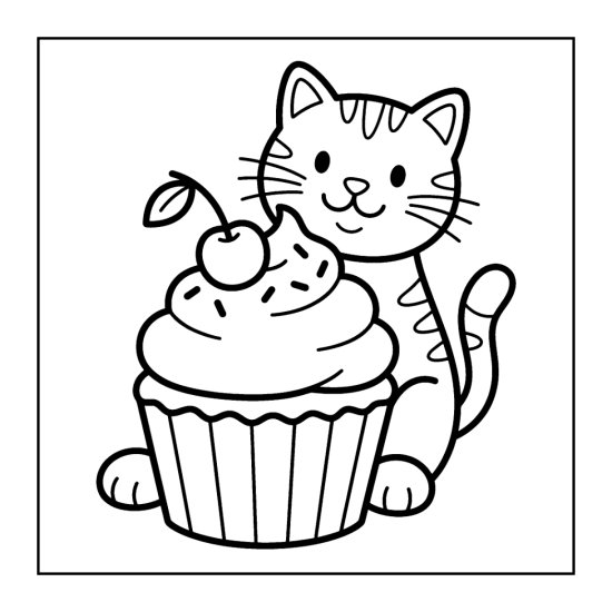Cat holding a swirled cupcake with simple beginner shapes coloring sheet