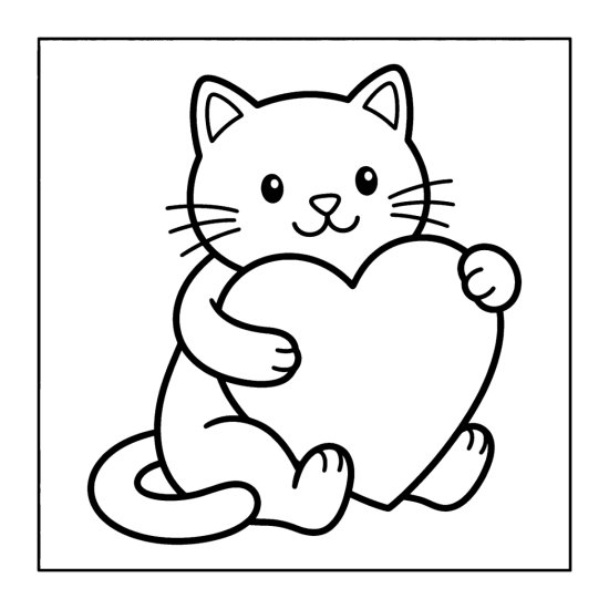 Cat hugging a heart shaped pillow with bold rounded outlines coloring page