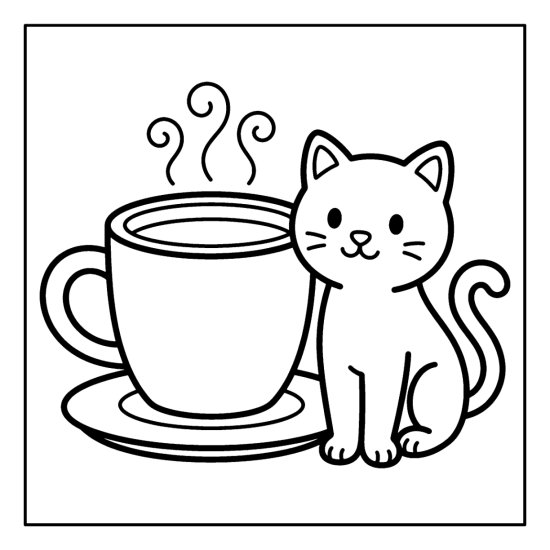 Cat sitting next to a steaming mug of coffee in thick clean outlines coloring sheet
