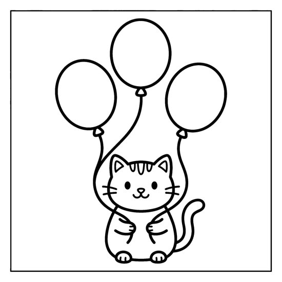 Cat holding several round balloons with thick simple lines coloring sheet