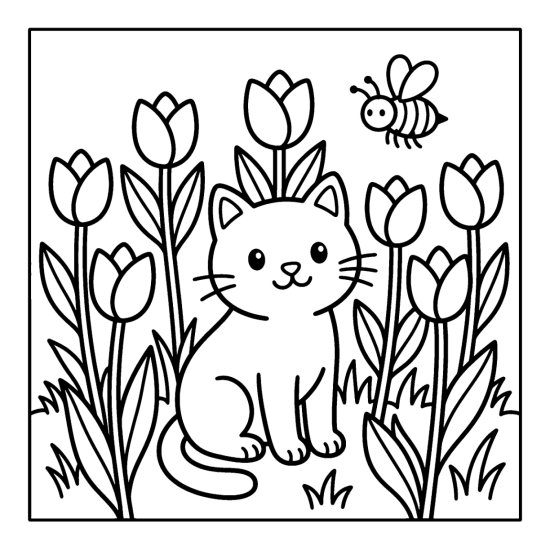 Cat sitting among spring tulips with thick rounded outlines coloring page