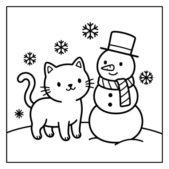 Cat building a snowman with bold beginner friendly lines coloring sheet