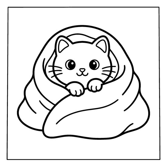 Cozy cat wrapped in a thick blanket with large simple shapes coloring page