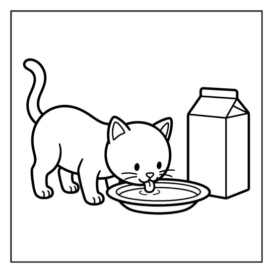 Cat drinking from a milk saucer with thick outlines and open shapes coloring sheet