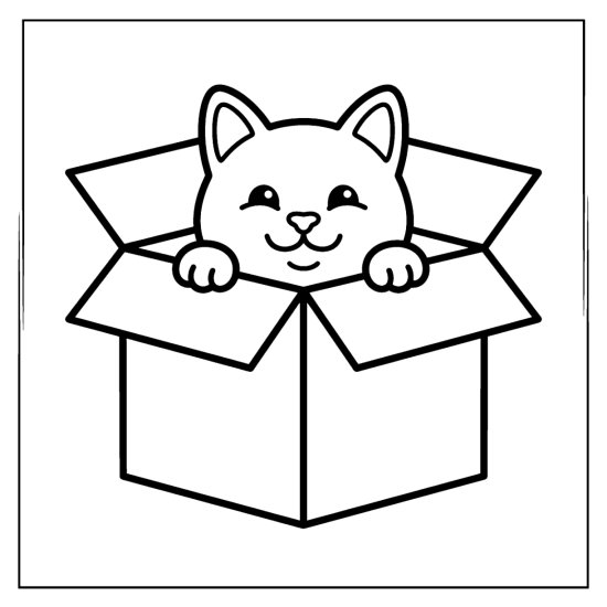 Cat sitting inside a cardboard box with thick simple outlines coloring page