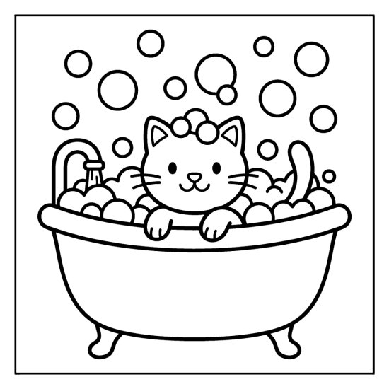 Cat relaxing in a bubble filled bathtub with large open shapes coloring page