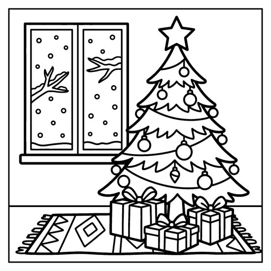 A decorated Christmas tree with round ornaments and a star, presents beneath and a snowy window, coloring page
