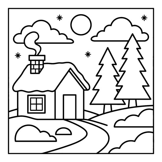A small cozy cabin with a smoking chimney and snowy roof between two pines under a moon, bold and easy