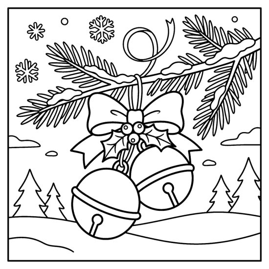 A pair of large jingle bells with a bow and holly hanging from a snowy branch, coloring sheet