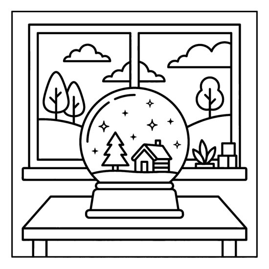 A round snow globe holding a tiny tree and cabin on a base set on a table, bold and easy