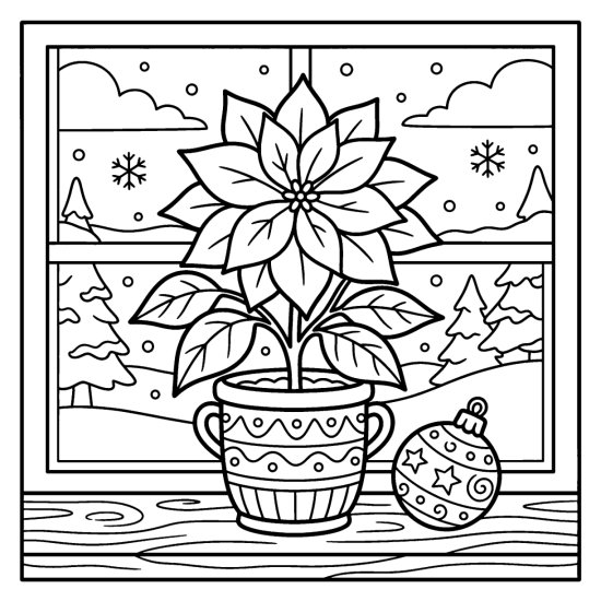 A big poinsettia with large petals and leaves in a decorated pot on a snowy windowsill, coloring page