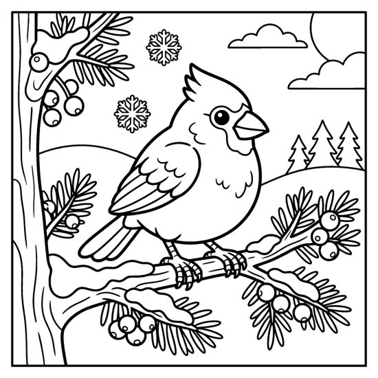 A round cardinal perched on a snowy pine branch with berries and a few snowflakes, bold and easy