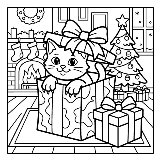 A cute cat peeking from a gift bag beside a wrapped present and a small tree, bold and easy