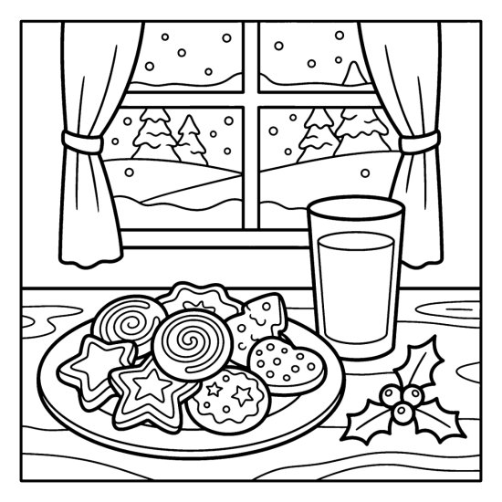 A plate of round decorated Christmas cookies beside a glass of milk and holly, coloring sheet