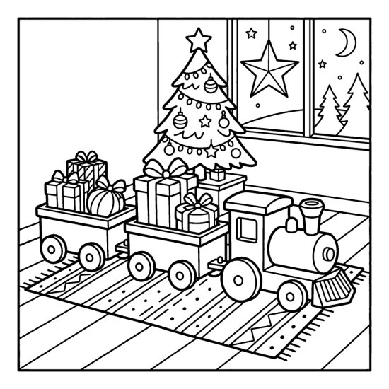 A wooden toy train pulling cars loaded with wrapped gifts beside a small tree, coloring page