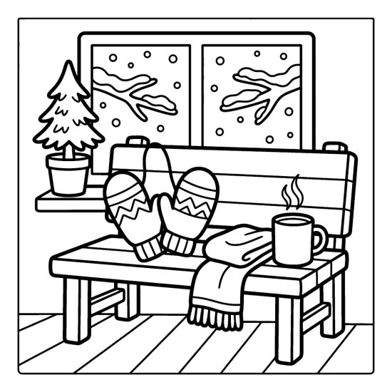 A cozy pair of mittens and a folded scarf on a bench beside a steaming mug, bold and easy