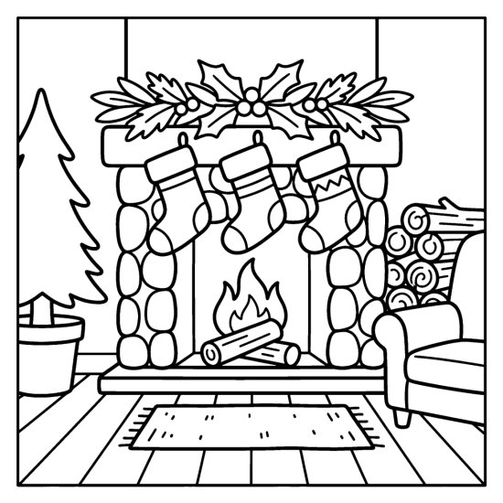 A cozy fireplace with three hanging stockings and a pine garland on the mantel, bold and easy