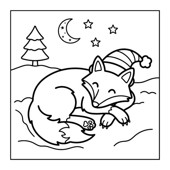 A curled up fox in a santa hat resting in the snow under a crescent moon and stars, bold and easy