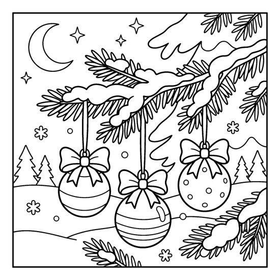 Three large ornaments with bows hanging from a snowy pine branch with soft snowflakes, coloring sheet