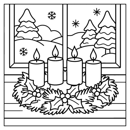 A row of four chunky candles on a wreath base with holly by a snowy window, bold and easy