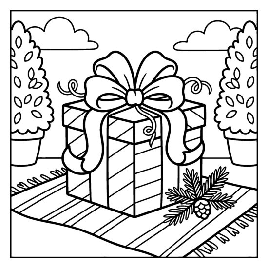 A single large wrapped gift with an oversized bow and ribbon curls on a rug, bold and easy