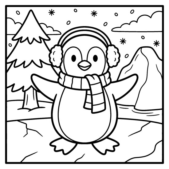 A cute penguin in a scarf and earmuffs standing on the ice by a pine and iceberg, coloring page
