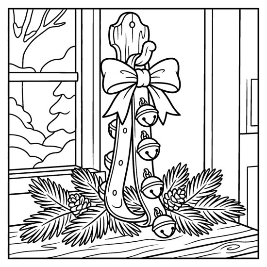 A leather strap of round sleigh bells with a bow hanging on a hook by a window, bold and easy