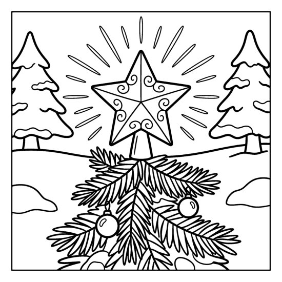 A big five point star tree topper with swirls among pine branches and light rays, bold and easy