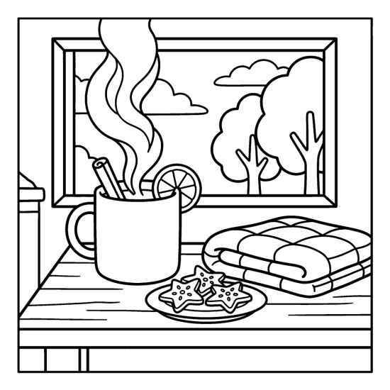 A steaming mug of cider with a cinnamon stick and orange slice beside star cookies, coloring sheet