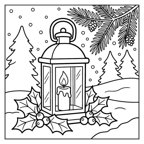 A large holiday lantern with a glowing candle among holly and berries in the snow, bold and easy
