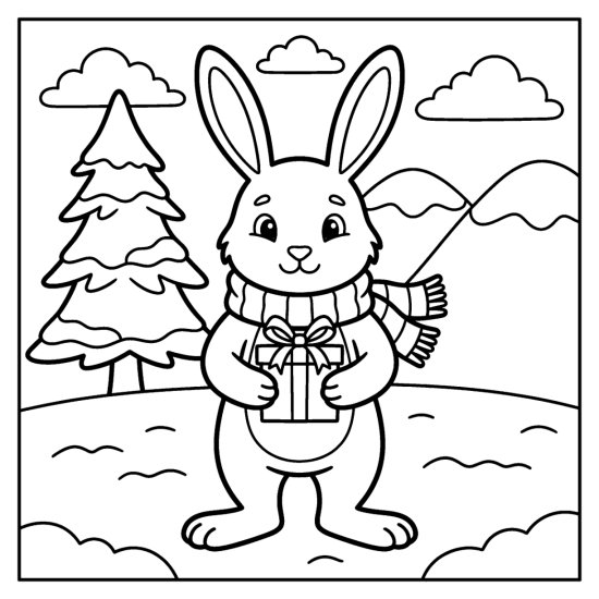 A cute bunny in a scarf holding a small wrapped gift in the snow by a pine, bold and easy