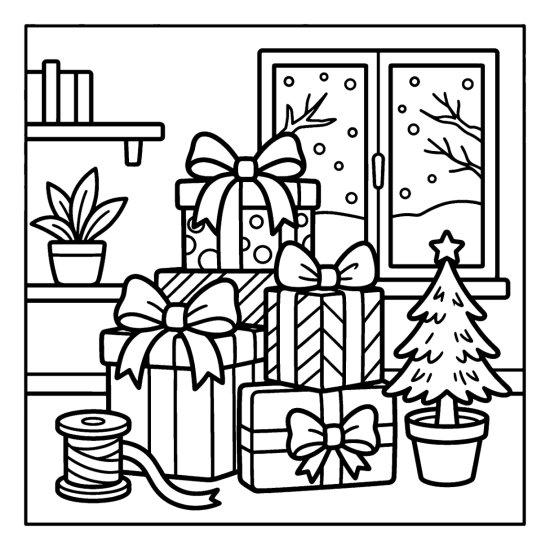 A big stack of wrapped presents with bows beside a ribbon spool and a small pine tree, bold and easy