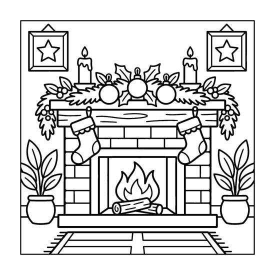 A decorated mantel with a pine garland, ornaments, candles and two stockings above a fire, coloring page