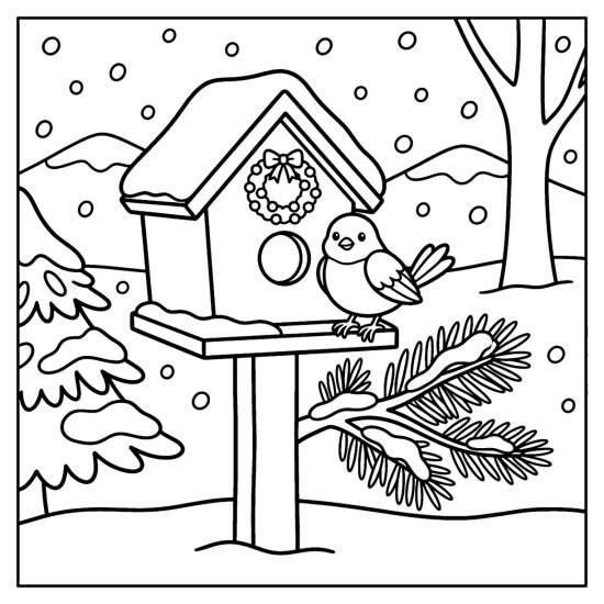 A little bird house with a snowy roof and wreath with a round bird perched beside it, bold and easy