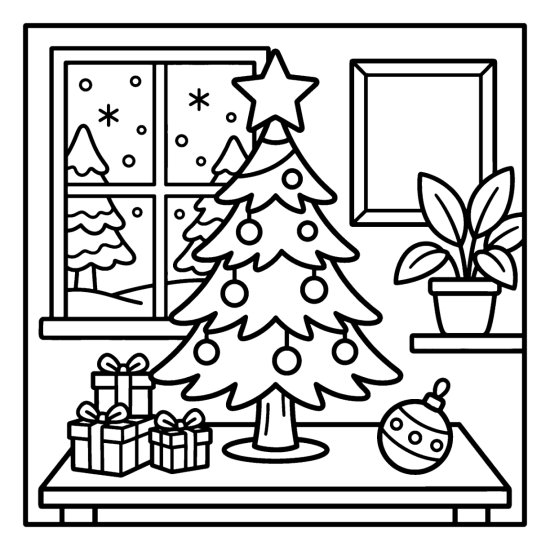 A small tabletop tree with a star and tiny wrapped gifts beside a snowy window, bold and easy