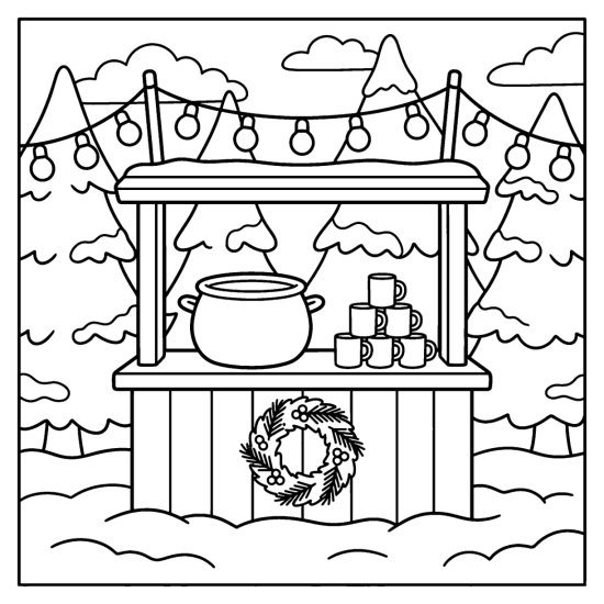 A cozy cocoa stand with a big pot and stacked mugs under string lights in the snow, coloring sheet