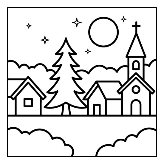 A simple snowy village with two houses and a church steeple under a moon and stars, bold and easy