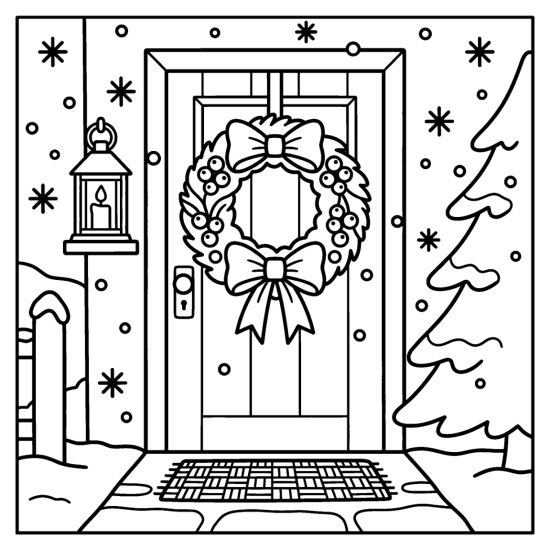 A round holiday wreath with a bow and berries hanging on a door beside a lantern, coloring sheet