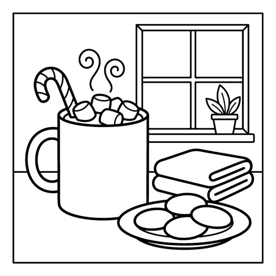 A steaming mug of cocoa with marshmallows and a candy cane beside a plate of cookies, bold and easy