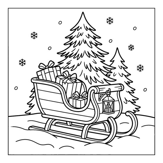 An old fashioned sleigh loaded with wrapped gifts and a lantern beside a tall pine, bold and easy
