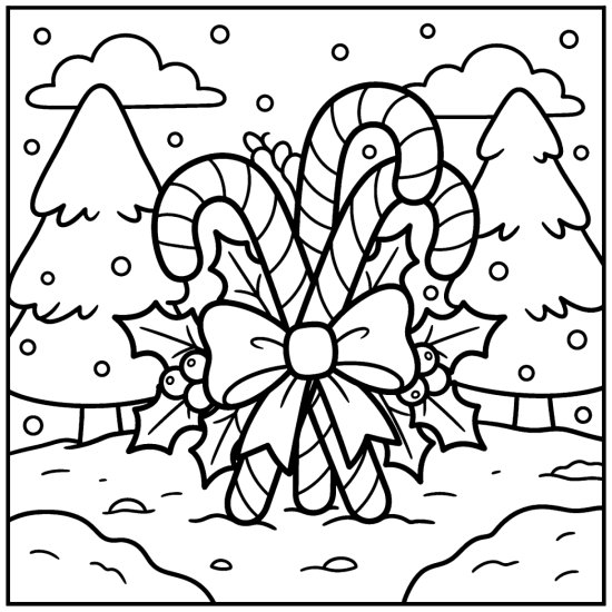 A cluster of large candy canes tied with a bow among holly and berries in the snow, coloring page