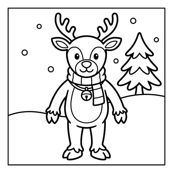 A cute reindeer in a scarf and bell collar standing in the snow by a pine, bold and easy