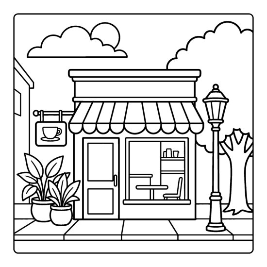 Corner cafe storefront with a striped awning and a cup shaped sign, plants and a lamppost, coloring page