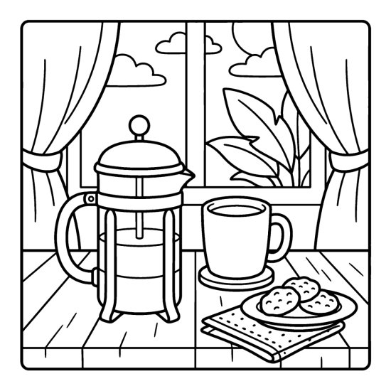 French press coffee pot beside a full mug and a plate of cookies by a curtained window, bold and easy
