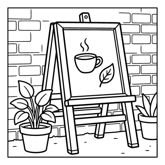Standing chalkboard easel with a simple coffee cup drawing and plants by a brick wall, bold and easy