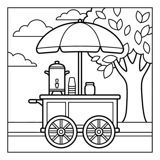 Wheeled coffee cart with a round umbrella and a tall urn under a leafy tree, bold and easy