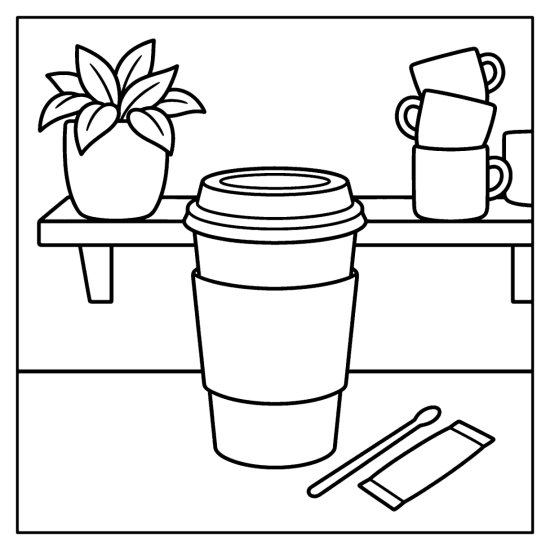 Tall paper to go coffee cup with a domed lid and plain sleeve, a stirrer and stacked mugs, page to color