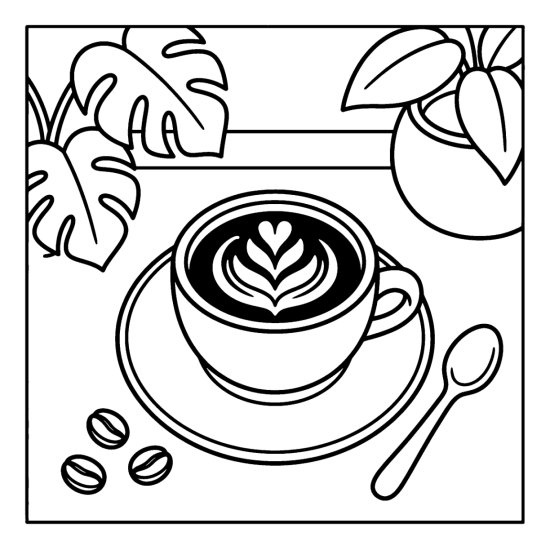 Overhead cappuccino with a rosette foam pattern, a spoon and scattered coffee beans, bold and easy