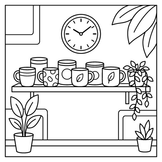 Cafe shelf lined with rows of mugs and coffee tins under a round clock with plants, bold and easy